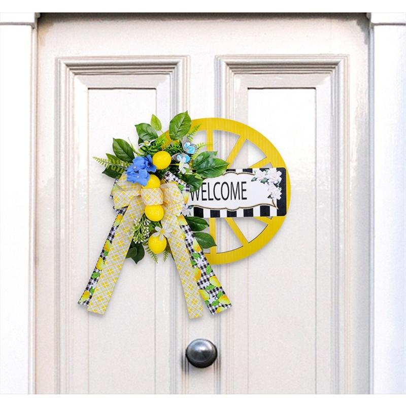 Artificial Spring Wreath with Welcome Wheel, Bowknot Flower Wreath for Front Door, Wedding, Garden Outdoor Decorations