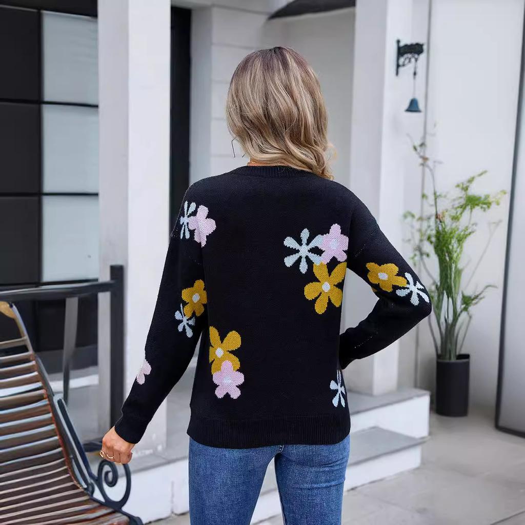 Autumn and Winter Women's Sweater Printed Pullover Sweater Flower Sweater
