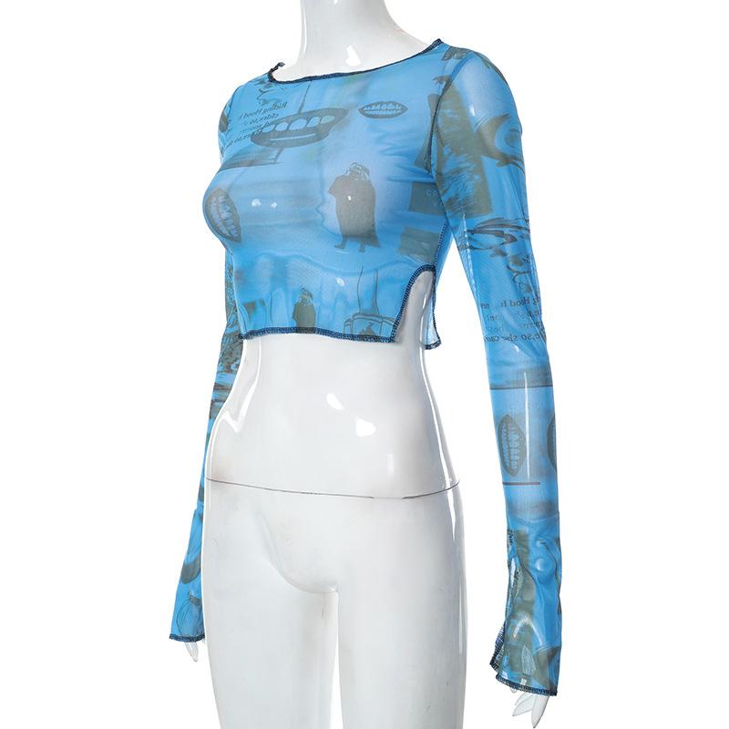 Женская повседневная футболка с длинным рукавом, модная сетчатая пряжа с принтом, топы с открытым пупком и разрезом