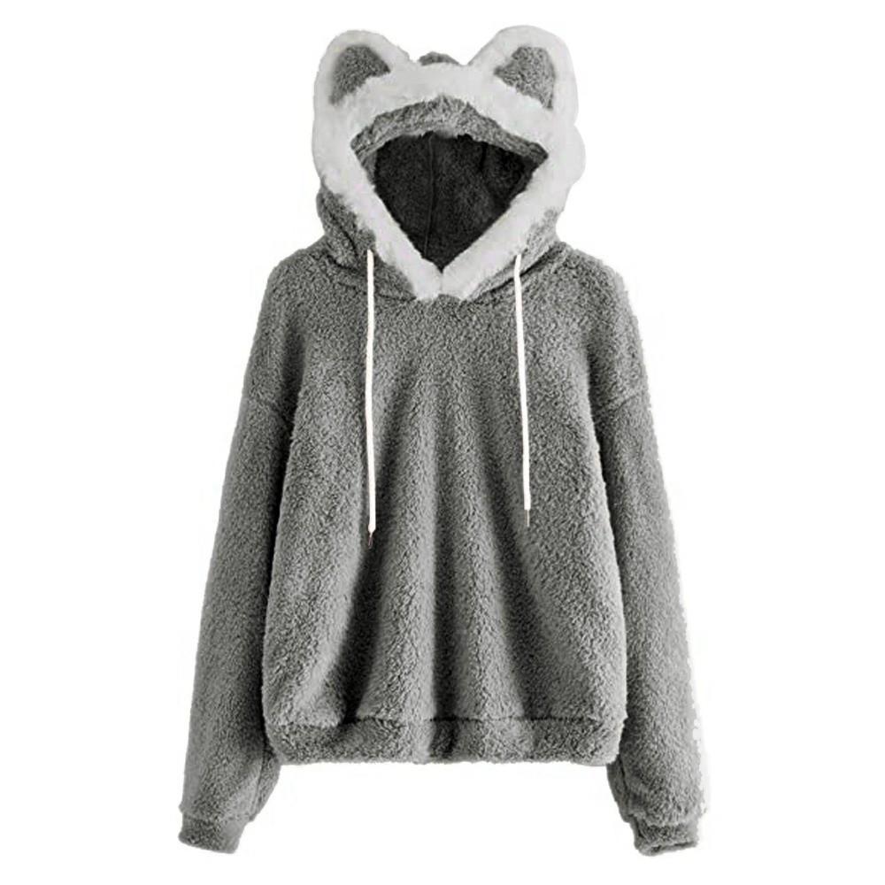 Long Sleeve Cat Bear Ear Hoodies Solid Color Fleece Sweatshirt Cute Plush Hoodies Autumn Winter