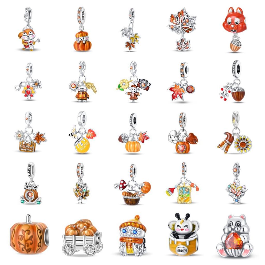 S925 Silver Autumn Maple Leaf Owl Squirrel Beaded Bracelet DIY Charm Pendant Jewelry Making Accessories