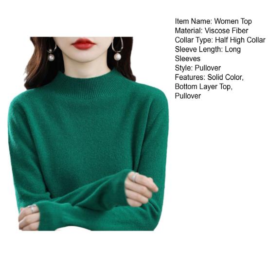 Женский свитер с длинным рукавом и средним воротником, мягкий эластичный однотонный трикотажный нижний слой для повседневной носки
