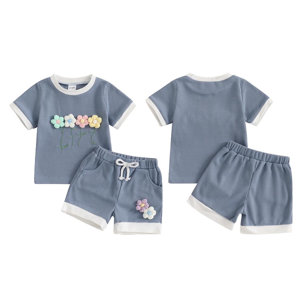 Toddler Girl Summer Waffled Clothes 3D Flower Short Sleeve Round Neck Tops Elastic Waist Shorts Outfit