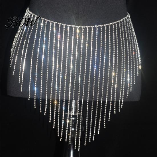 Sparkling Body Jewelry for Women Rhinestone Tassel Waist Chain Women, Sparkly Sexy Belly Dance Skirt-Style Disco Party Hip Accessory, Elastic