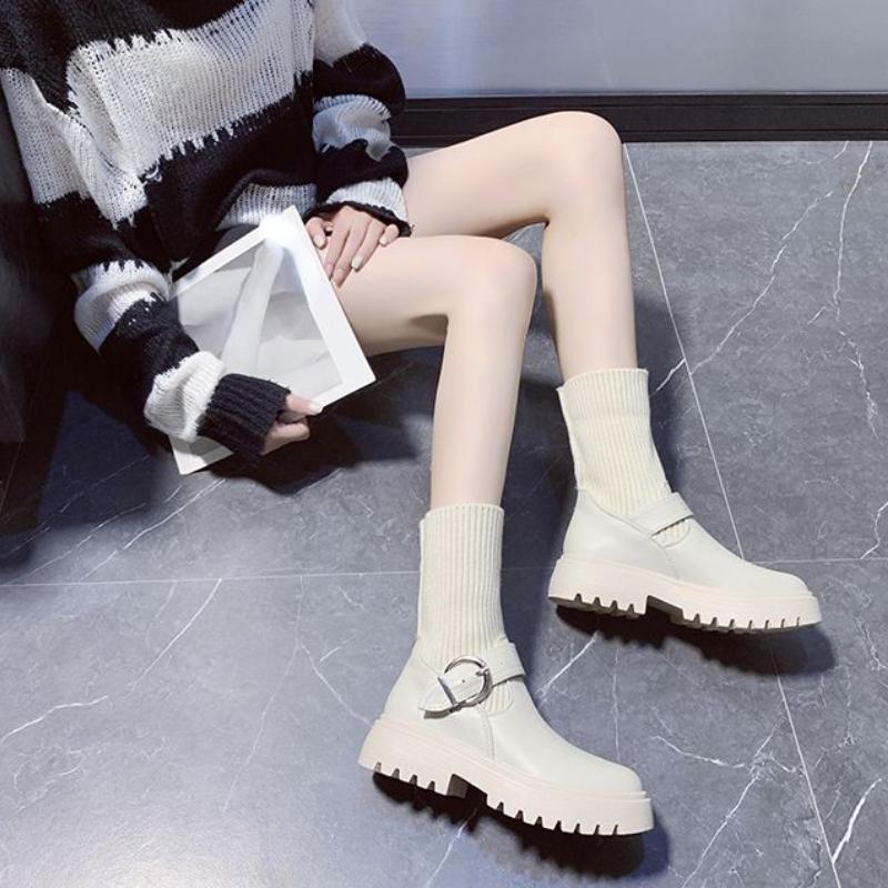 Короткие женские туфли Массивная обувь Мэри Джейн Белые ботильоны Носки Лолиты Женские ботильоны на эластичной платформе Тренд 2024 Новинка 2024 года