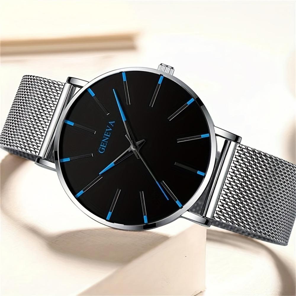 3pcs/set, Fashion Men's Business Casual Mesh Strap Quartz Watch & Bracelet Necklace Set, Ideal Choice for Gifts