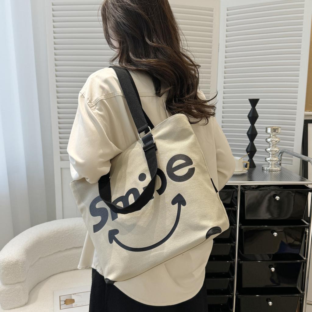 Большая вместительная холщовая большая сумка с буквами контрастного цвета, сумка на одно плечо с принтом улыбающегося лица и женская сумка через плечо