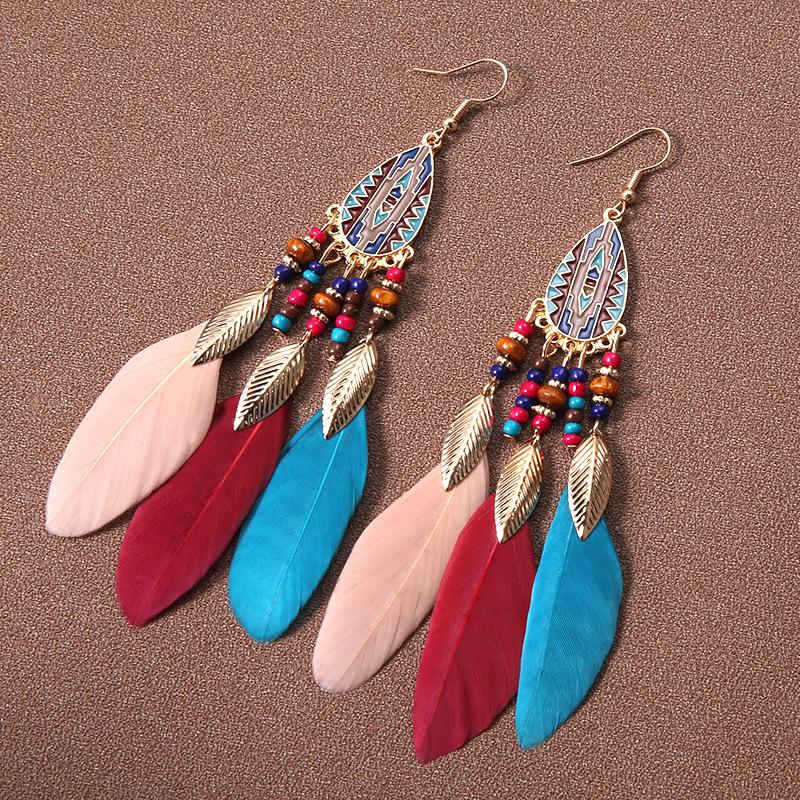 Bohemian Long Feather Dangle Earrings For Women Beach Chain Tassel Drop Earrings Wedding Bride Jewelry Girl Gift