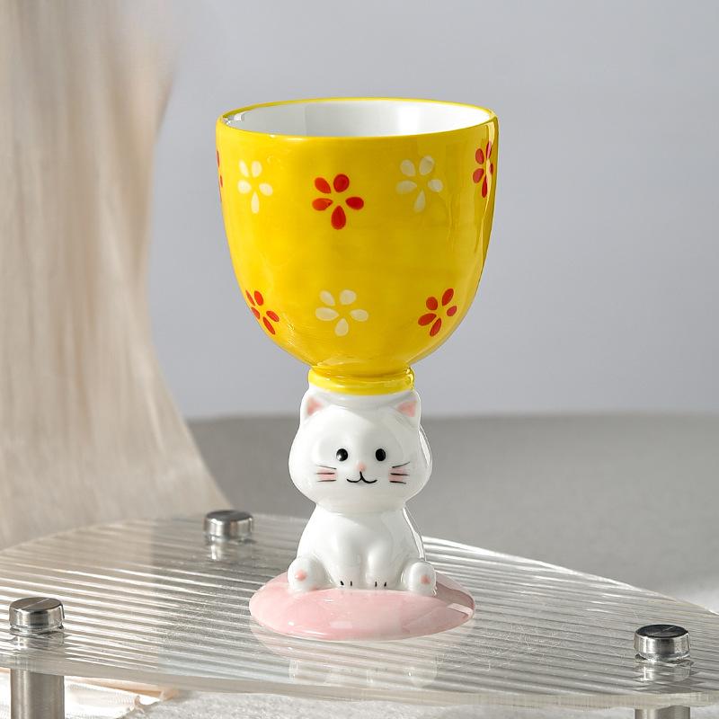 Cat High Legged Ice Cream Cup Ceramic Girls Sweet Wine Glass High Value Design Niche Personality Creative Ice Cream Cup