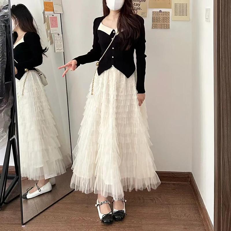 Qooth Осенняя сетчатая пышная длинная юбка в корейском стиле, элегантная винтажная бальное платье с эластичной резинкой на талии и высокой талией, газовая тюлевая юбка QT1989