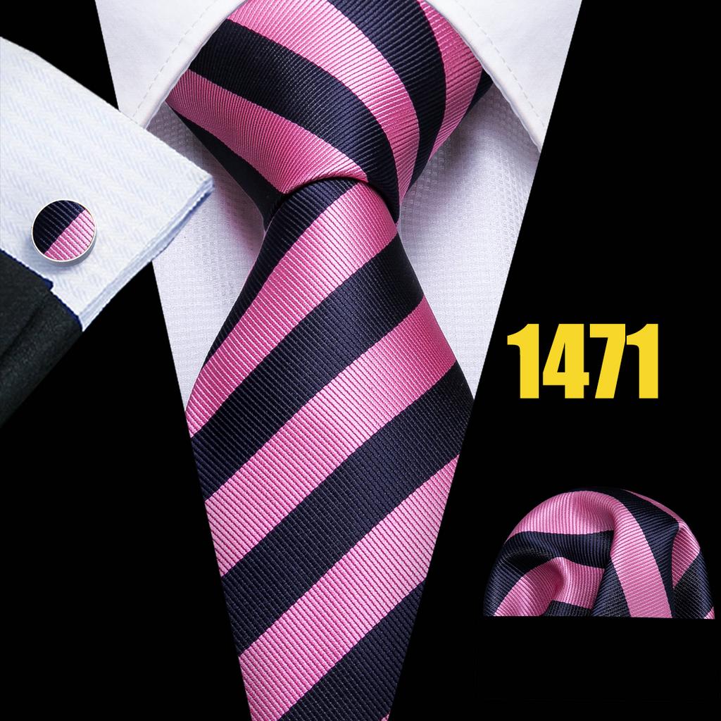 Barry.Wang Classic Tie for Men Woven Silk Striped Neckties Handkerchief Set Cufflinks Formal Casual