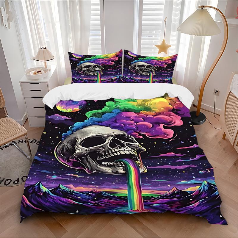 3pcs bedding set Skull Rainbow Includes 1 Comforter + 2 Pillowcases, Without Pillow Inserts, Soft Comfortable,a0909126