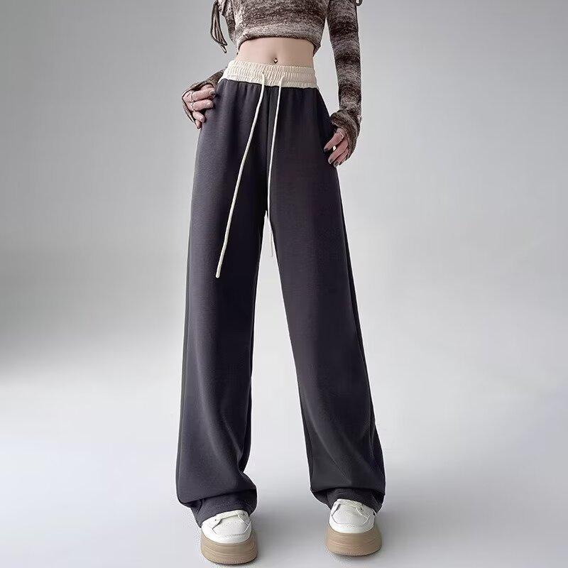 Спортивная женская одежда, весна-лето 2024, новые черные прямые свободные повседневные спортивные штаны с высокой талией, широкие брюки на шнурке