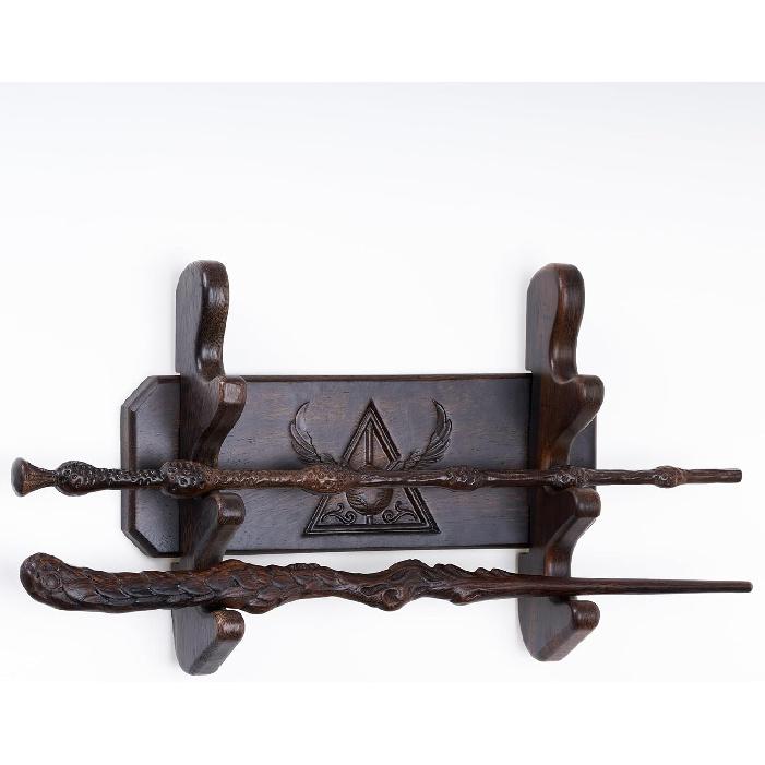 Handicraftviet Wand Display Stand Wall Mount, Handmade Carved Wooden Holder Wands 3 Tiered for Collection, Black (3 slot wand stand)