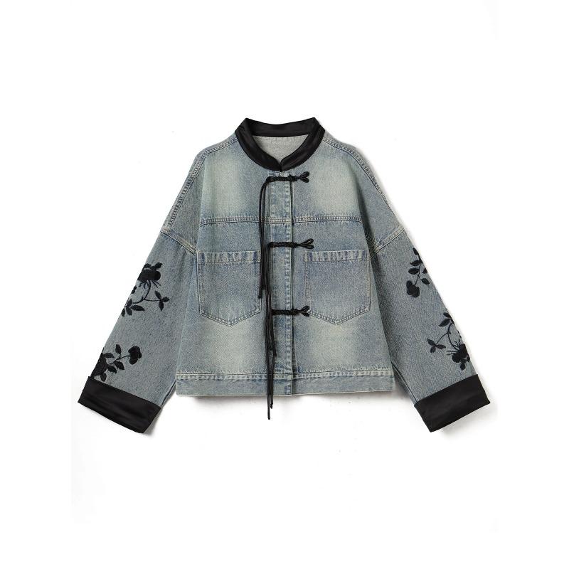 Spring Shirt Denim Coat Blouse Casual Long Sleeve Shirt Women Shirt Loose Leaf Embroidery Ladys Tops