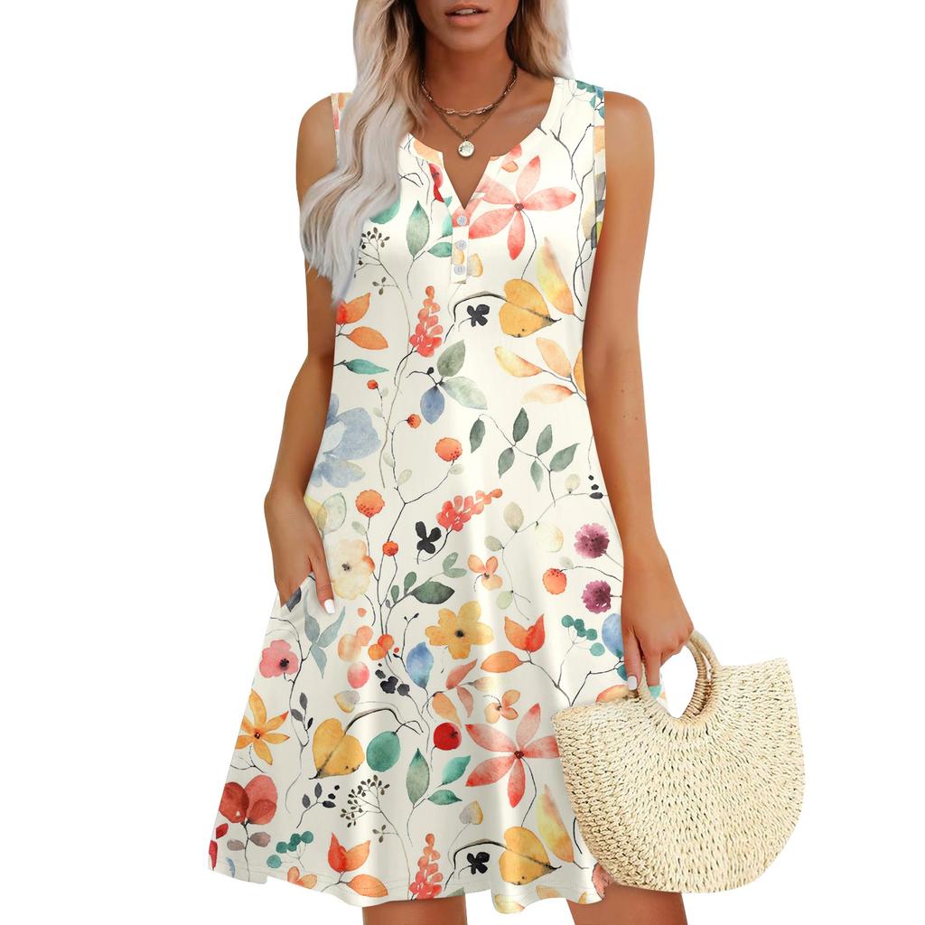 Женские летние платья Свободные сарафаны без рукавов с V-образным вырезом Платье с карманами