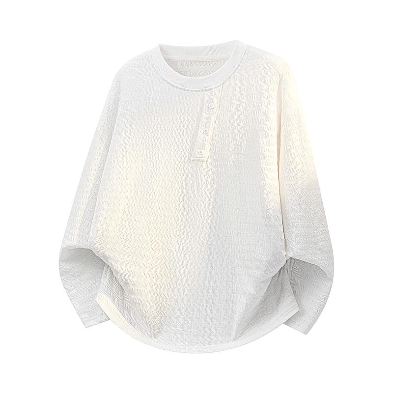 Мужская свободная белая рубашка-henley с длинным рукавом из рубчатого трикотажа
