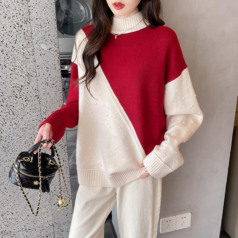Осень-зима Модный стиль Женские цветные блоки с полувысоким воротом Свободные и универсальные повседневные женские свитера