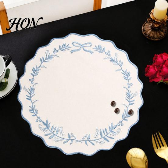 Heat Insulation Pads for Dinner Plates Embroidered Round Placemat, 15 Inch Scalloped Leaf Bow Embroidery Kitchen Accessories Home Dining Washable