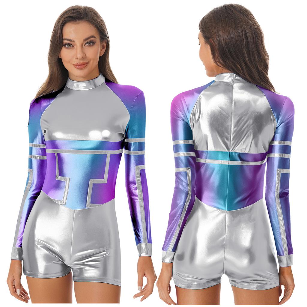 S-3XL Ladies Space Party Jumpsuit Alien Robot Design Metallic Shiny Contrast Color Long Sleeve Back Zipper Bodysuit for Halloween Cosplay