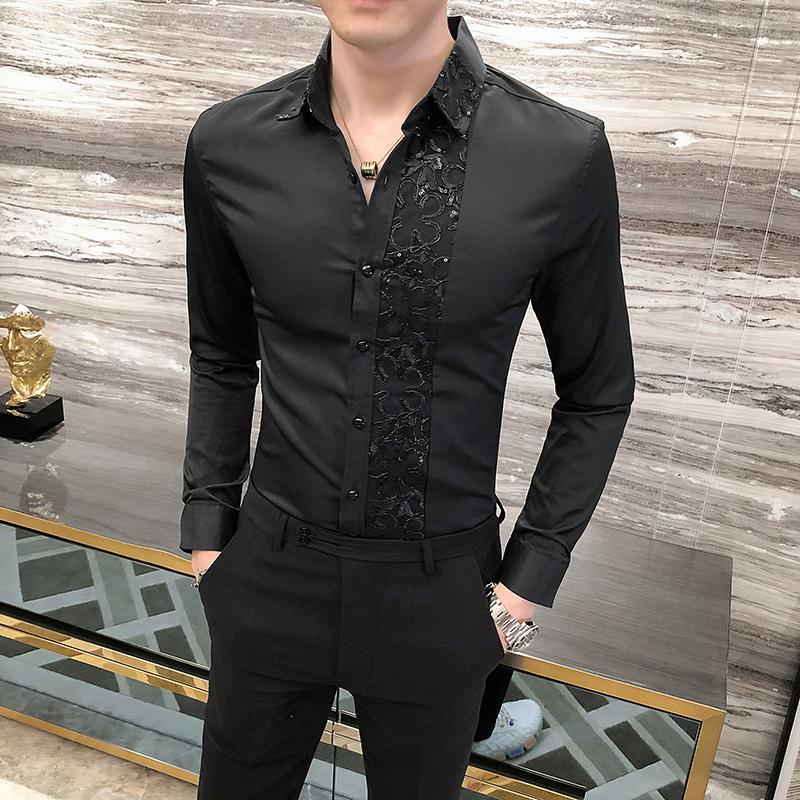 British Style Casual Shirts Men Shine Lace Splicing Personality Banquet Dress Shirts Men's Slim Tuxedo Shirt Solid Color Super Stage Costume