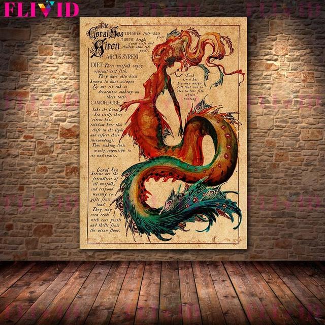 Глубоководная сигнализация и записки русалки Ретро настенная живопись на холсте Половина человека Ипподром и лесной эльф полевой плакат с заметками
