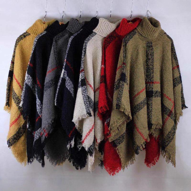 European and American High Neck Plaid Cape - Batwing Sleeve Knitted Pullover Shawl for Women