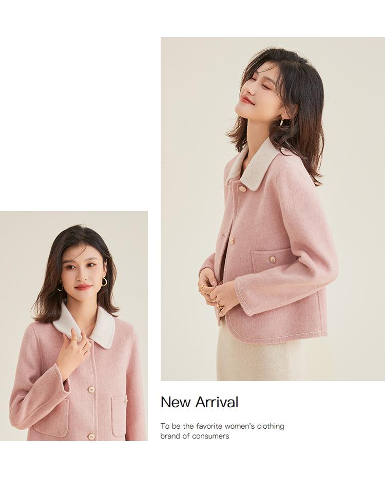 [Sheep Wool Coat] Short Color blocked Double sided Woolen Coat for Women Autumn/Winter, Flip Collar cardigan with Side Pockets