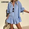 Весна и осень Женское синее темпераментное свободное платье-рубашка с V-образным вырезом Короткое платье