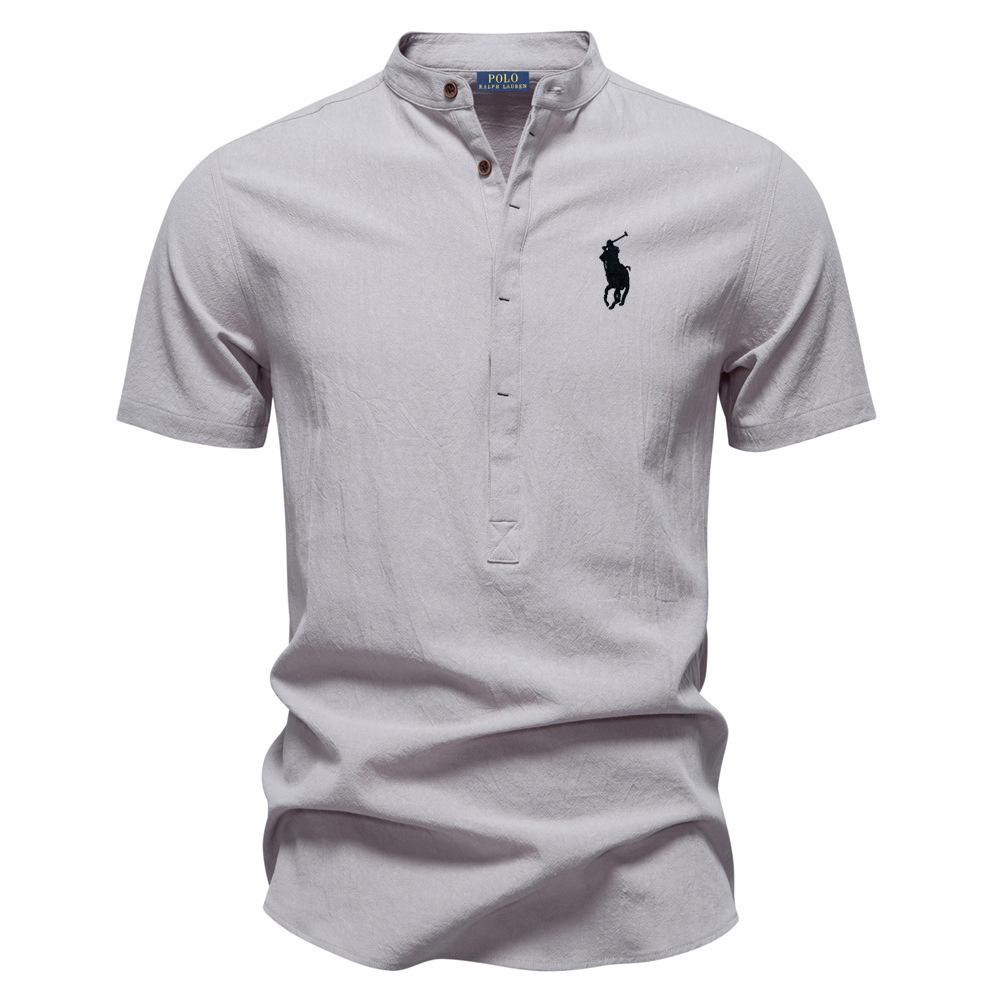 Polo Ralph Lauren Весна/Лето Пони Вышитая Деловая Повседневная Рубашка Мужская Хлопковая Льняная Рубашка С Короткими Рукавами Хлопковая Рубашка Воротник-стойка