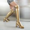 Женские золотистые высокие сапоги до бедра на толстом толстом каблуке с круглым носком, серебристые сапоги выше колен