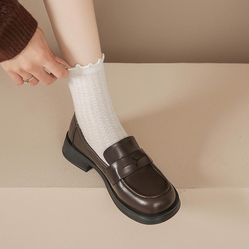Туфли-лодочки на толстом каблуке в стиле ретро с открытым носком, на толстой подошве, женские кожаные туфли маленького размера для ленивой женщины