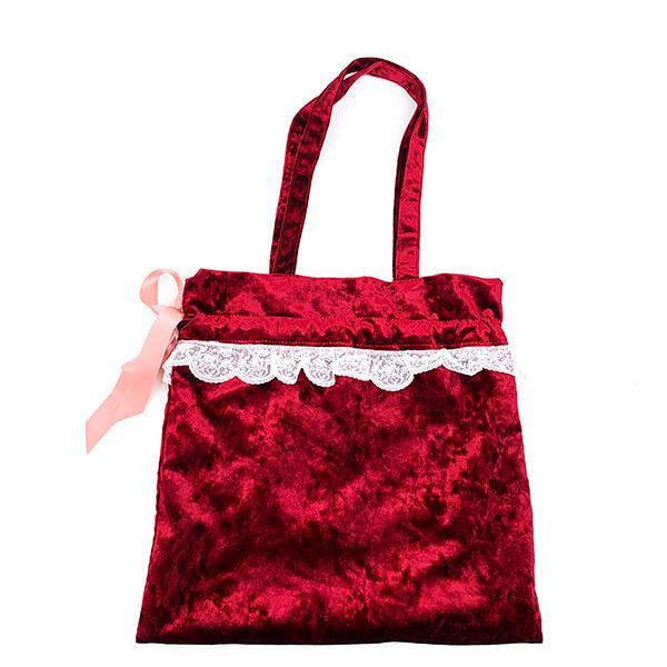 Ado Mizumori Lace and Velour Drawstring Tote Bag Wine Red