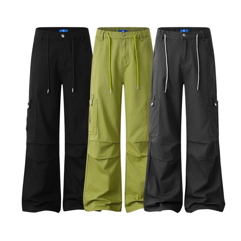 Mens Cargo Pants Pleated Design Loose Fit Multi-Pocket Solid Color Streetwear Style Casual Long Trousers
