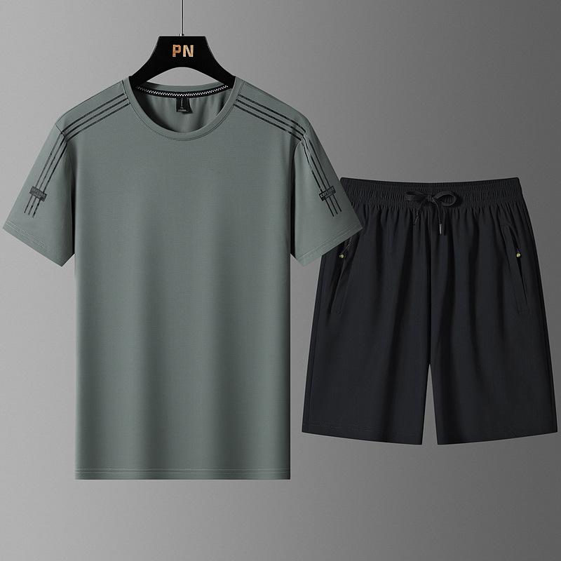 Очень большой летний спортивный костюм мужской ледяной шелк тонкий с коротким рукавом мужские шорты быстросохнущий красивый комплект из двух предметов