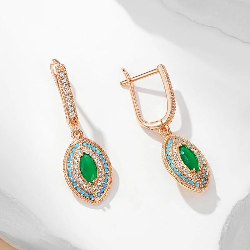 Bohemian Gold Color Rhombus Drop Earrings for Women Ethnic Green Zircon Long Earrings Jewelry Gifts CLE