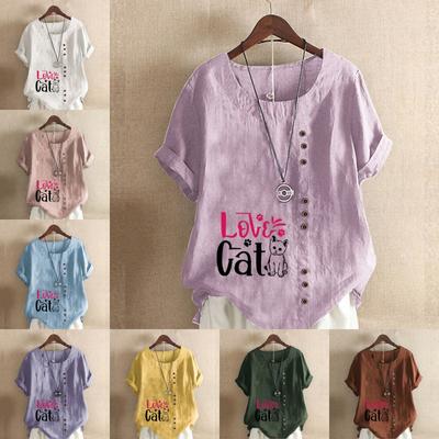 Женская модная футболка с коротким рукавом и принтом в виде кошки, свободная хлопковая рубашка, повседневная свободная летняя блузка, топы больших размеров