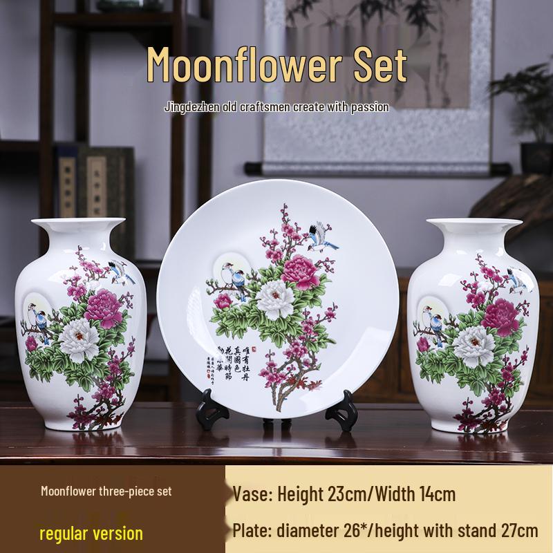 Good Fortune Jingdezhen Ceramic Vase Set: 3-Piece Décor for Living Room, Curio Shelf, or TV Cabinet