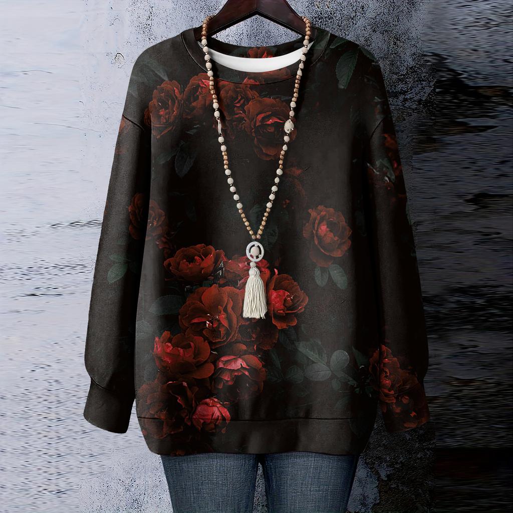 Женская футболка с цветочным принтом, круглым вырезом и длинными рукавами, свитшот