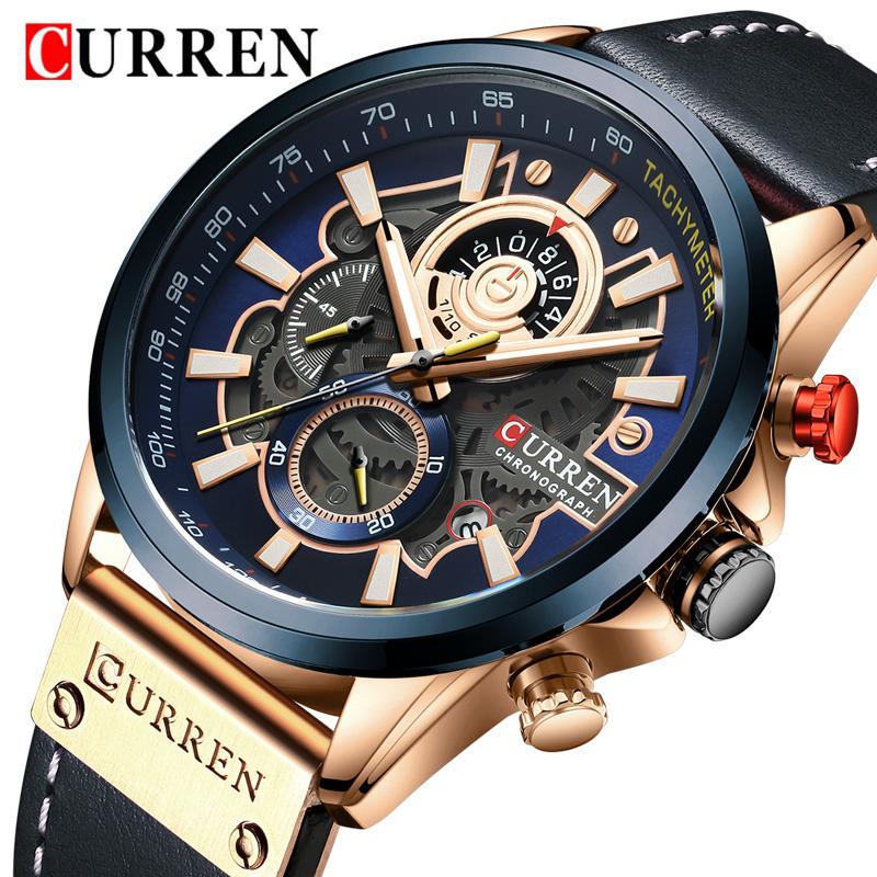 CURREN Man WristWatch Chronograph Sport Men Watch Military Top Brand Luxury Gold Blue Genuine Leather Calendar Male Clock 8380