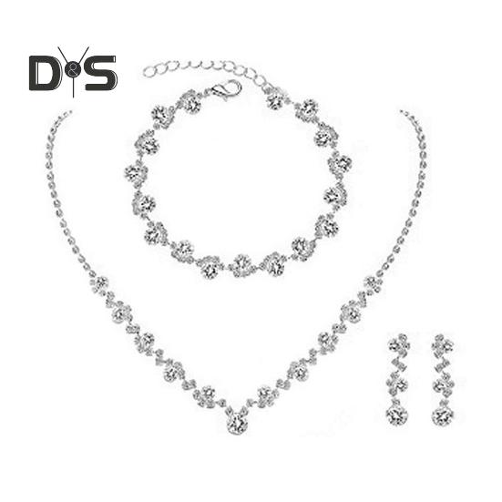 3 шт./комплект женский комплект ювелирных изделий горный хрусталь чокер висячие серьги браслет набор регулируемая удлинительная цепочка выпускной вечер невесты свадебные украшения