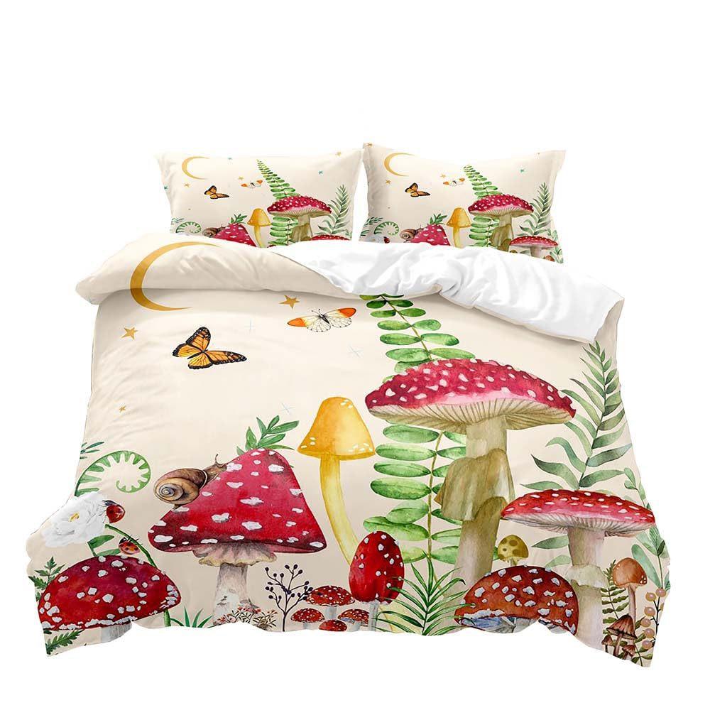 Red Mushroom Three-piece Quilt Cover 3D Digital Printing Bedding Set Green Plant Plant Fungus Bed Cover