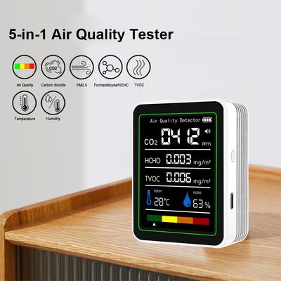 Цифровой монитор качества воздуха 5-в-1 CO2 HCHO TVOC Влажность и Температура Тестер CO2 для Дома Офиса ЖК-дисплей Перезаряжаемый