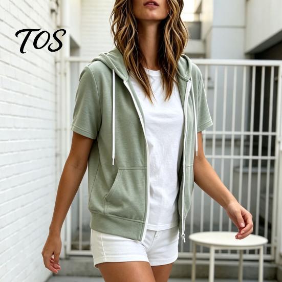 Casual Hooded Jacket Women Short Sleeve Zip-Up Hoodie, Drawstring Sweatshirt Coat for Summer, Lightweight with Pockets Hoodie
