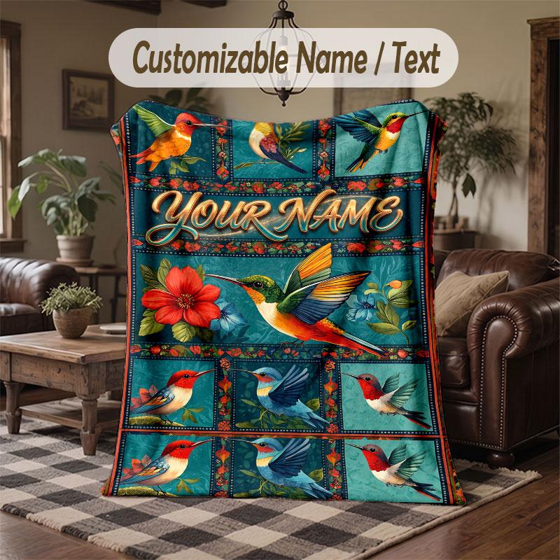 Birds Theme Throw Blanket Custom Name Text Personalized Blanket Soft Cozy Blanket for Home Sofa Bed