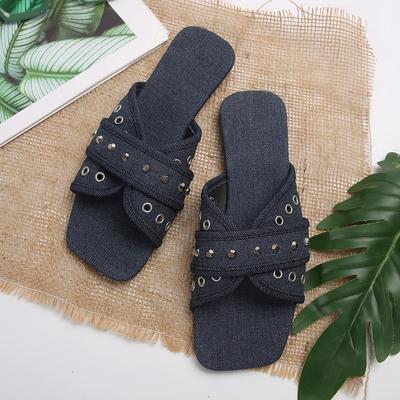 Модные летние женские тапочки с квадратным носком и низким каблуком для женщин, уличные тапочки с квадратным каблуком, туфли с металлическим украшением