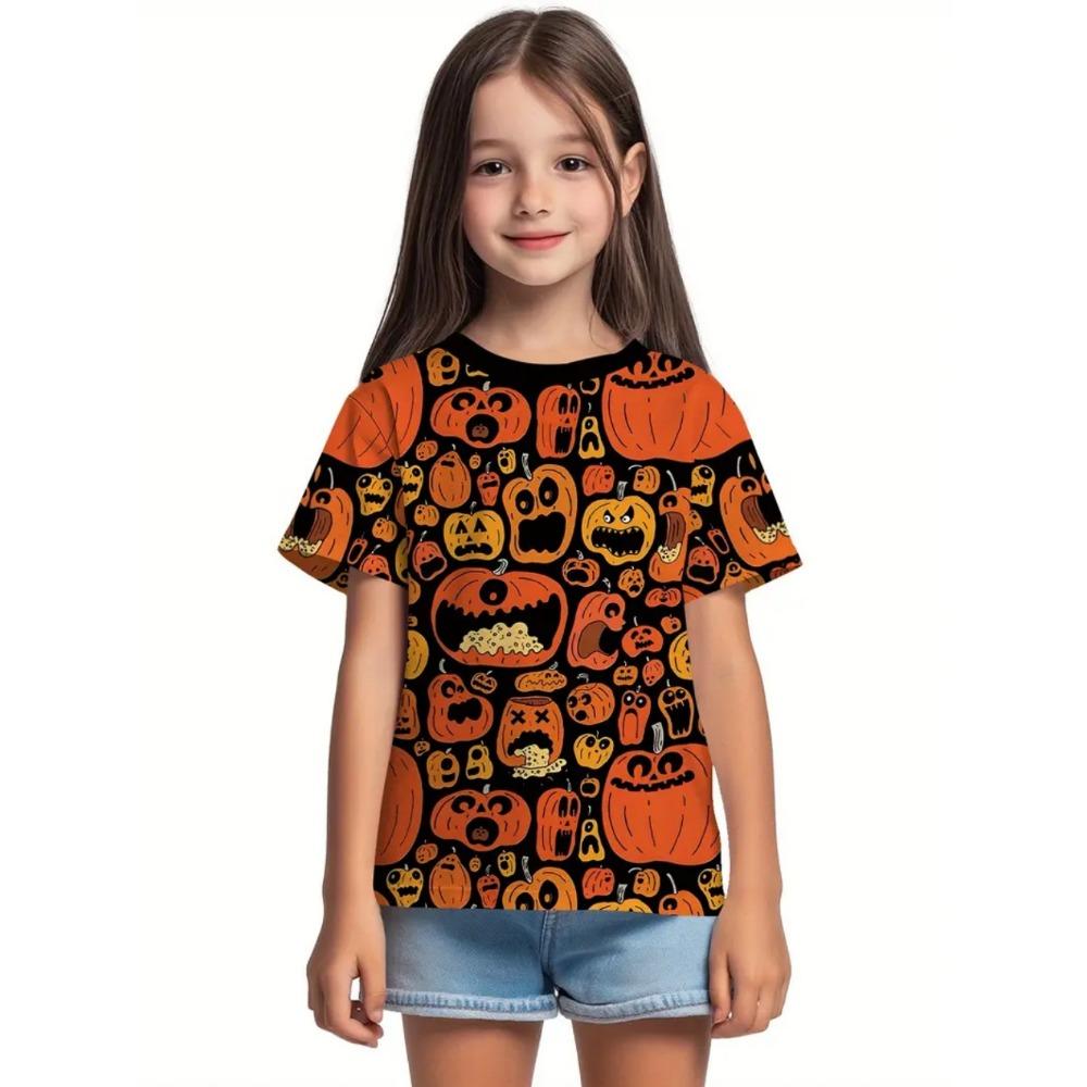 Одежда для девочек Забавная футболка с графикой тыквы для мальчиков и девочек Хэллоуин Футболки с коротким рукавом 2-10 лет Подарок на Хэллоуин Вечеринка Детская одежда