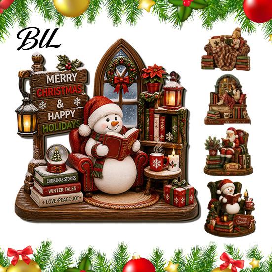 Xmas Home Ornament Christmas Wooden Table Sign, 2D Flat Santa Claus/Snowman Reading Desktop Festival Atmosphere Decor with Stand, Holiday Tabletop