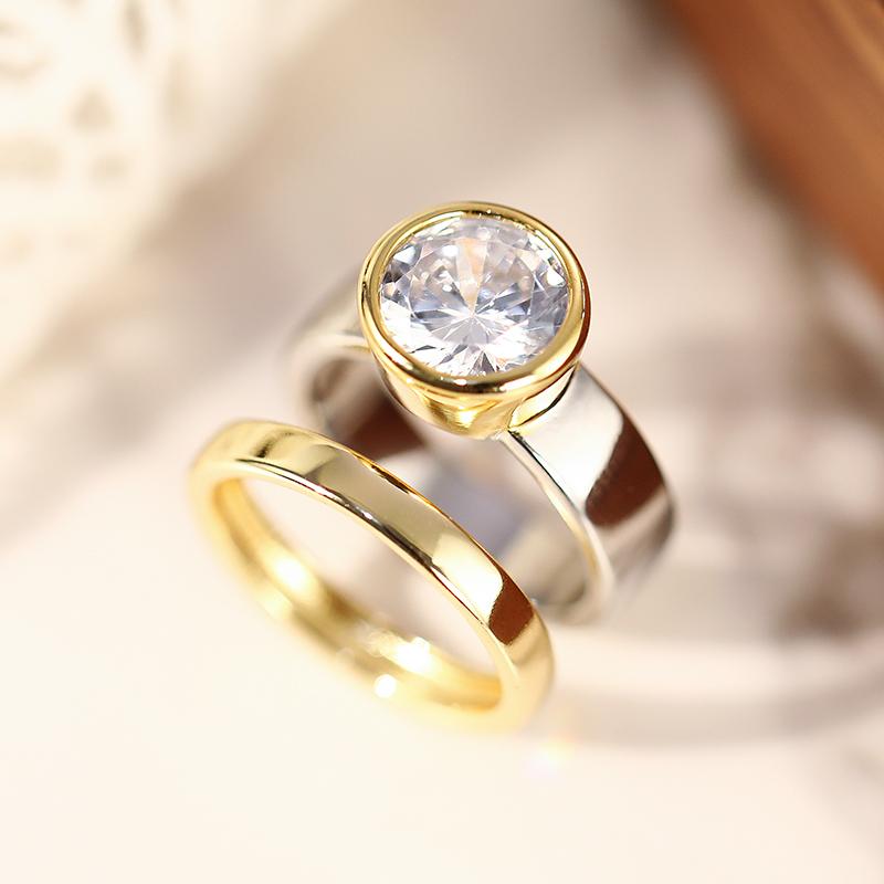 Two Tone 2Pcs Set Rings for Women AA Cubic Zirconia Wedding Engagement Female Statement Rings Fashion Contracted Jewelry