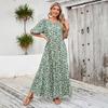 Women Summer Casual Floral Print O Neck Dress High Waist Loose Large Size Ankle Length Middle Long Sleeve Spring Dress